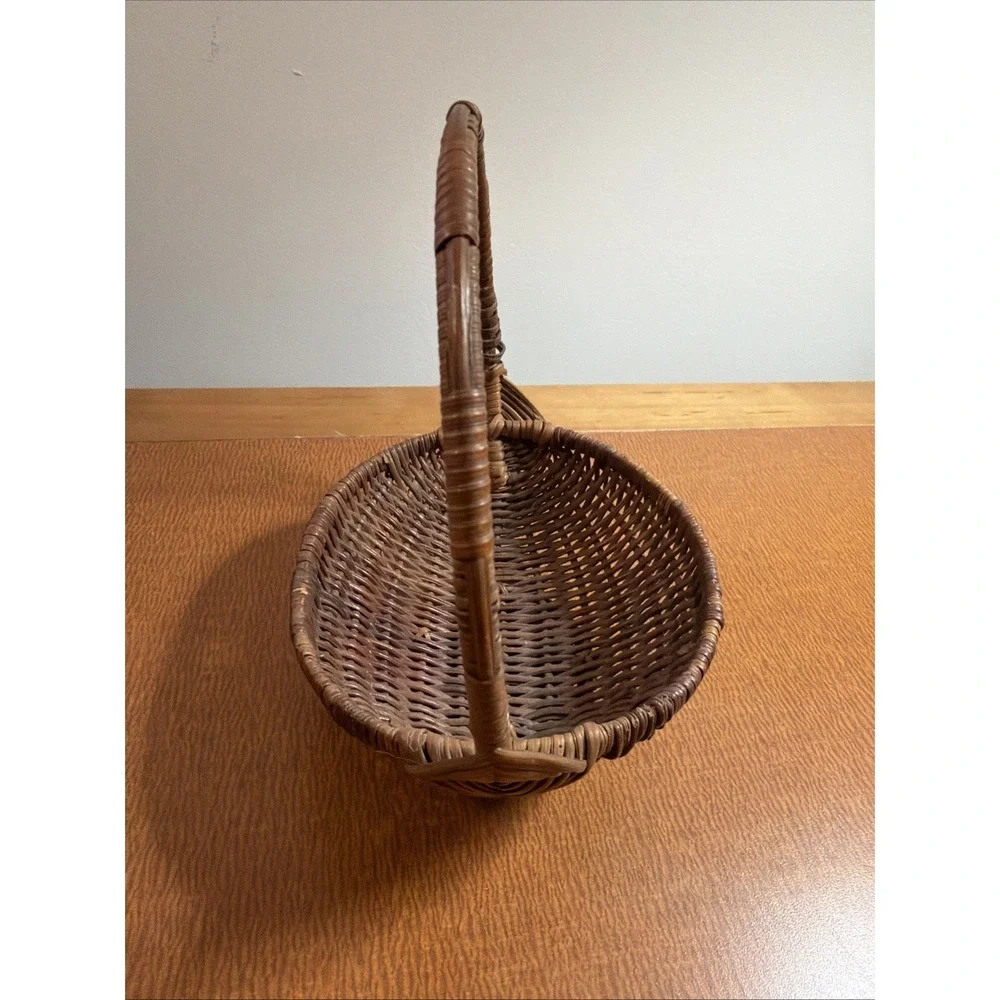 Vtg Woven Wooden Gathering Basket Arched Handle 7